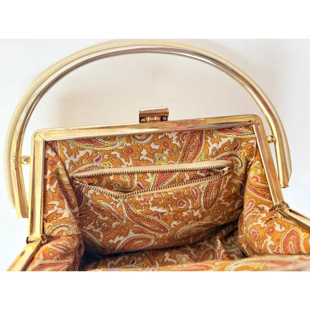 50s Structured Box Bag Cream Vinyl Gorgeous Hardware Handle Mid-Century Mad Men